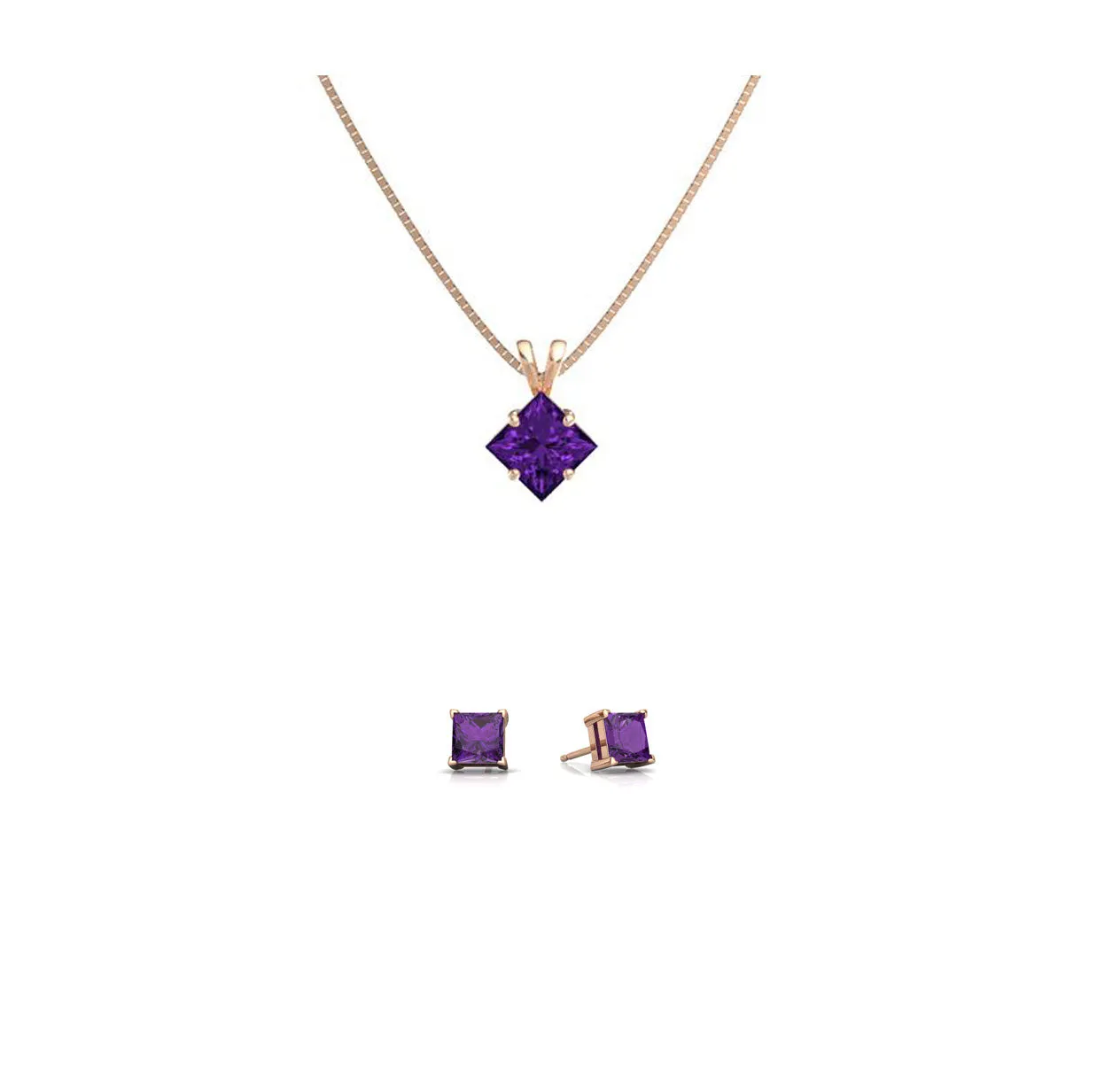 18K Rose Gold 1ct Amethyst Square 18 Inch Necklace and Earrings Set Plated