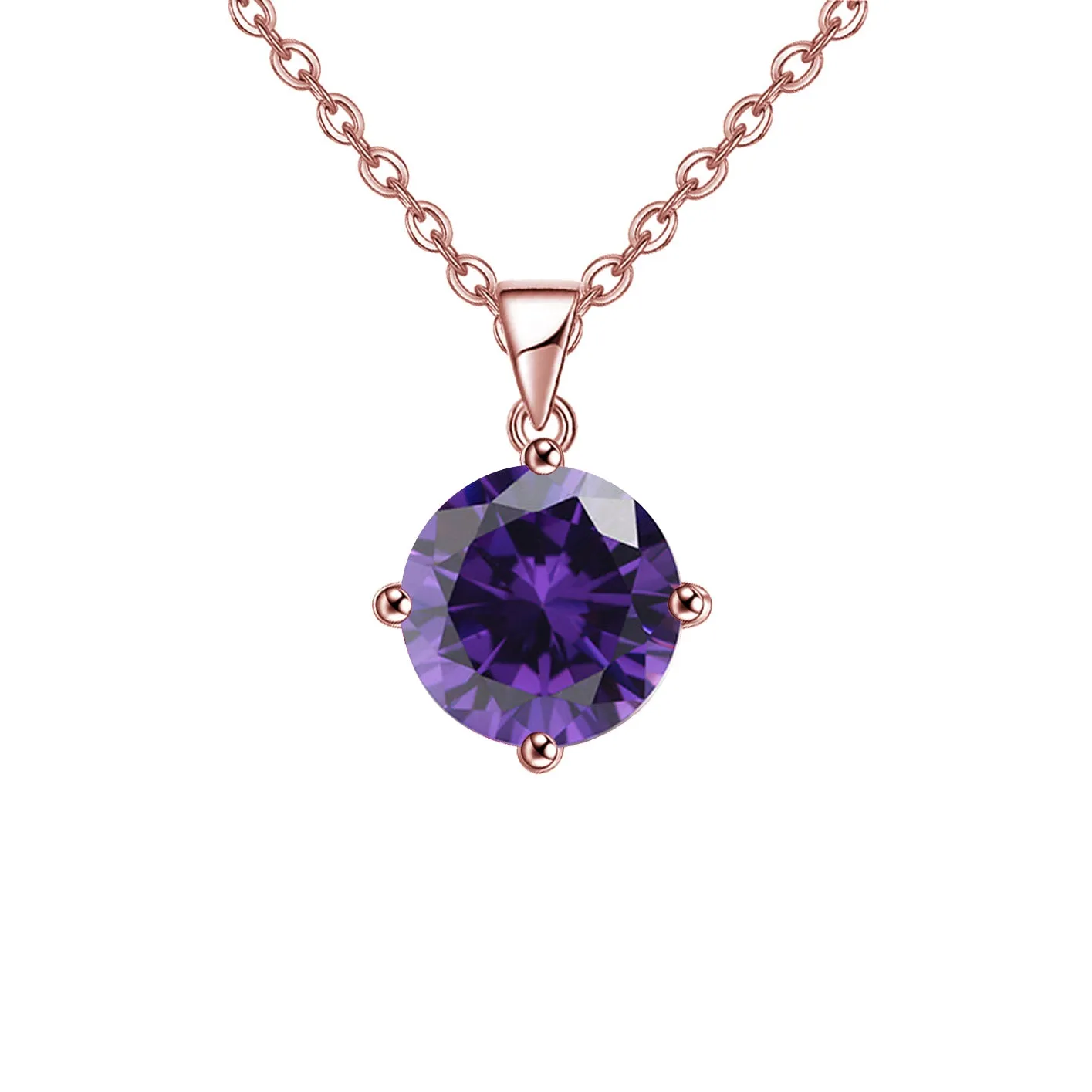 18K Rose Gold 2 Carat Created Amethyst Round Stud Necklace Plated 18 inch