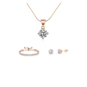 18K Rose Gold 3 Set Created White Sapphire Round Necklace, Earrings and Tennis Bracelet Plated