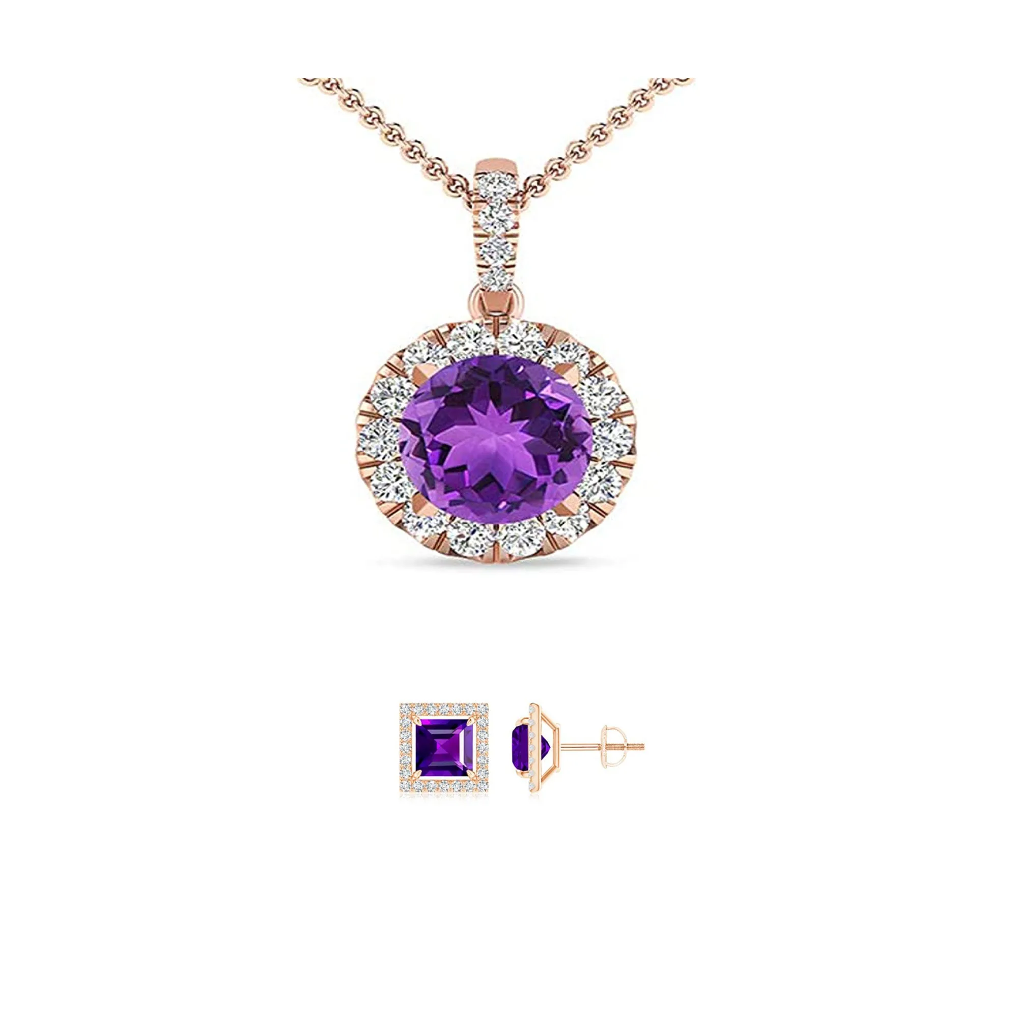 18K Rose Gold 4ct Halo Amethyst Round 18 Inch Necklace and Halo Square Earrings Set Plated