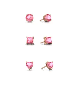 18k Rose Gold Plated 4mm Created Pink Sapphire 3 Pair Round, Square and Heart Stud Earrings