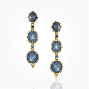 18K Triple Drop Earrings with star sapphire and Ceylon sapphire