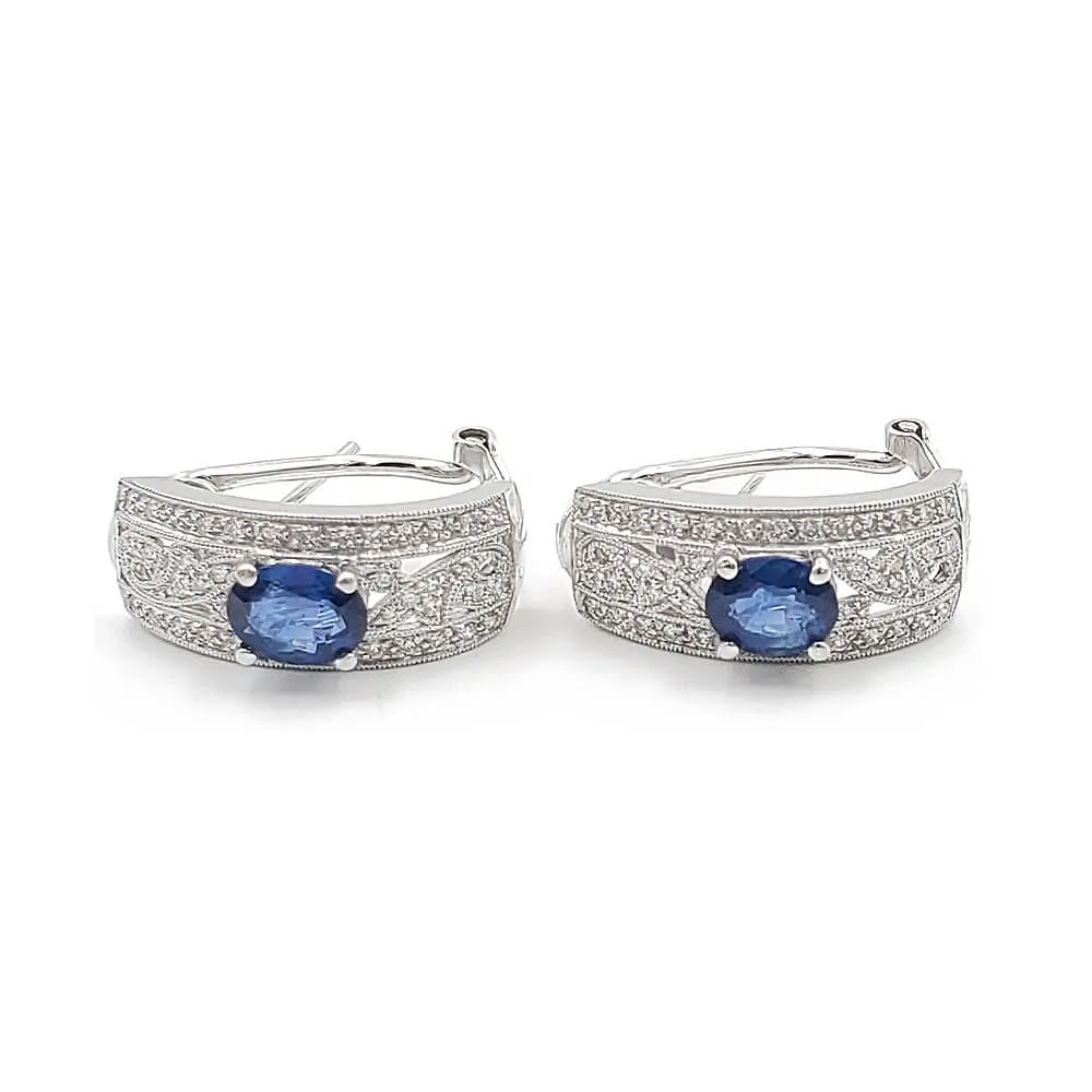 18K White Gold Diamond and Blue Sapphire Omega Back Earrings