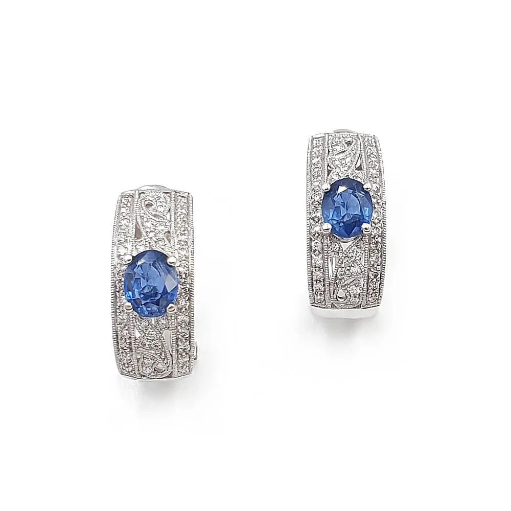 18K White Gold Diamond and Blue Sapphire Omega Back Earrings