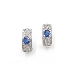 18K White Gold Diamond and Blue Sapphire Omega Back Earrings