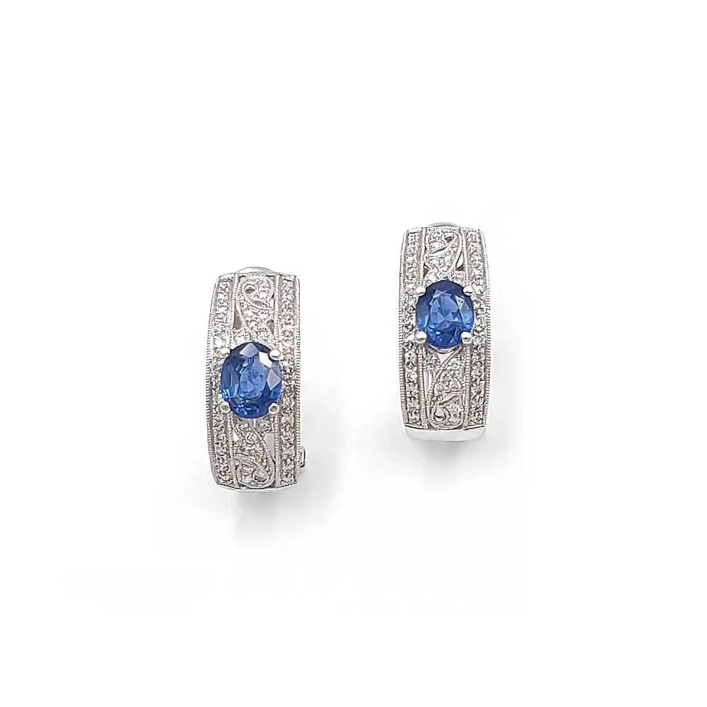 18K White Gold Diamond and Blue Sapphire Omega Back Earrings