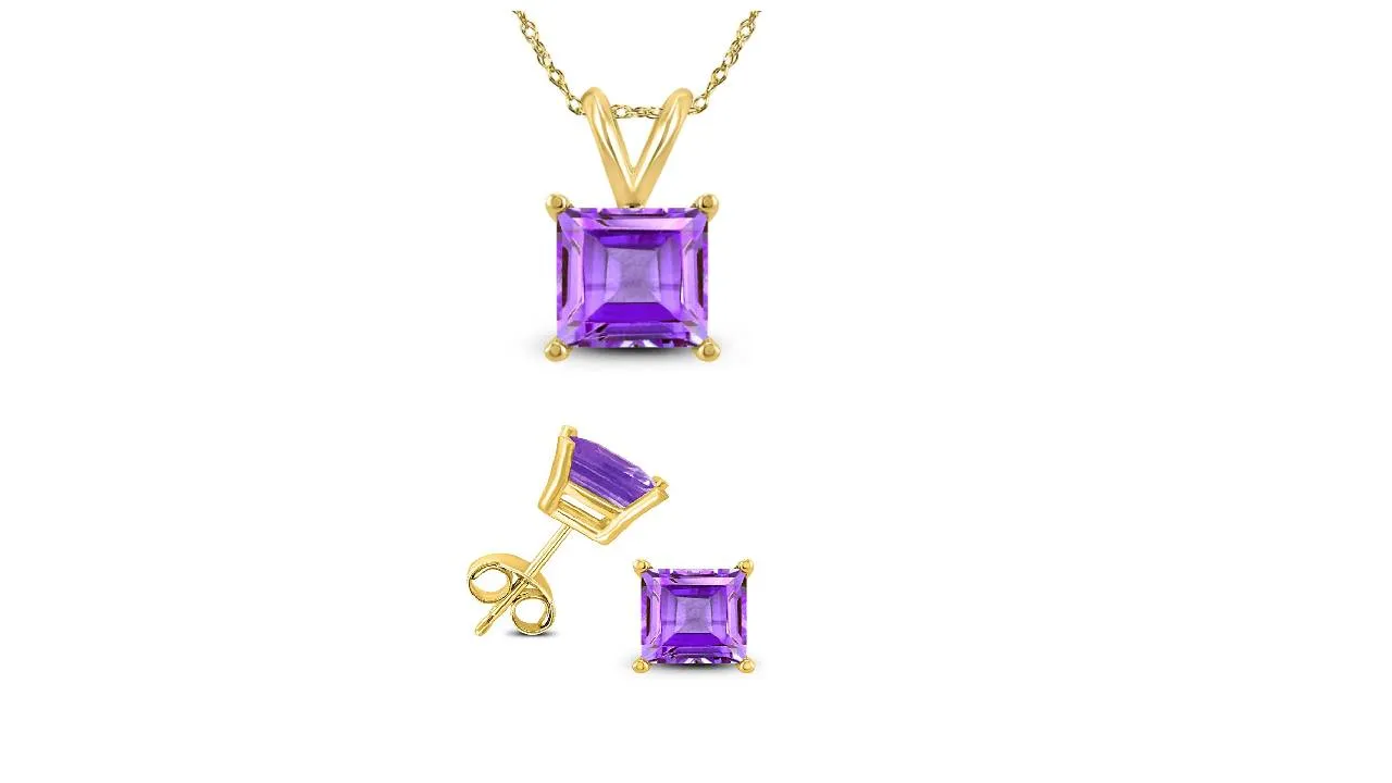 18K Yellow Gold 1/2ct Amethyst Square 18 Inch Necklace and Earrings Set Plated