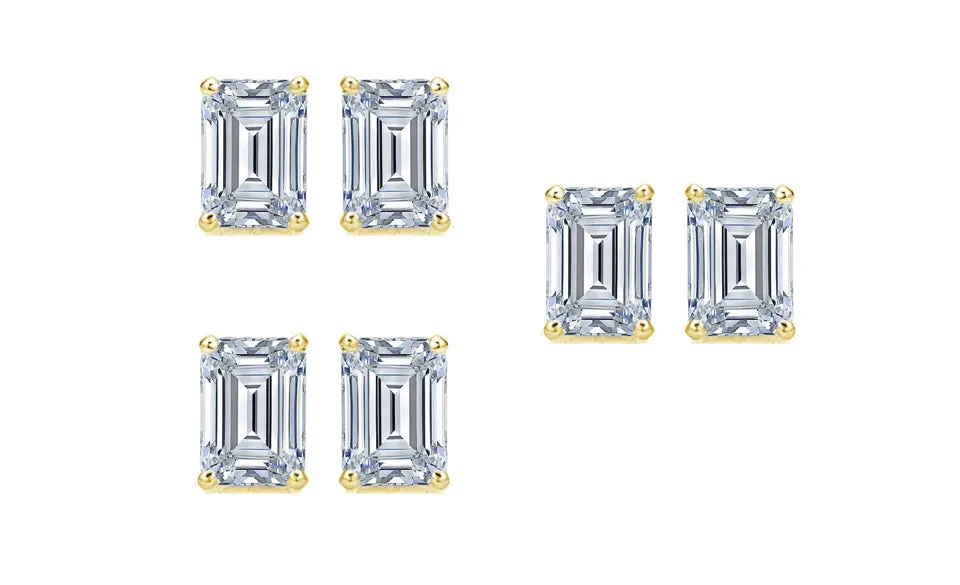 18k Yellow Gold 1Ct Emerald Cut White Sapphire Set Of Three Stud Earrings Plated