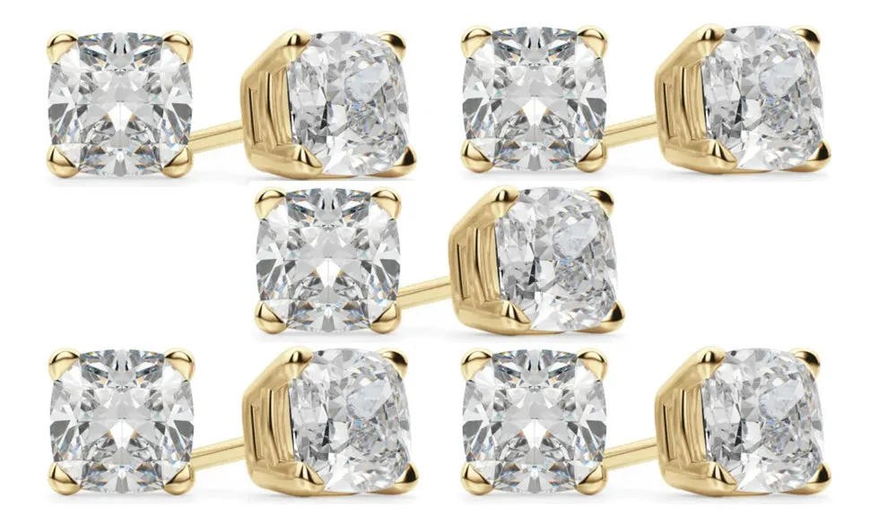 18k Yellow Gold 6mm 3Ct Cushion Cut White Sapphire Set Of Five Stud Earrings Plated