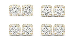 18k Yellow Gold 6mm 4Ct Cushion Cut White Sapphire Set Of Four Halo Stud Earrings Plated