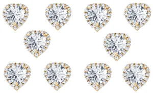 18k Yellow Gold Plated 6mm 2Ct Heart White Sapphire Set of Five Halo Stud Earrings