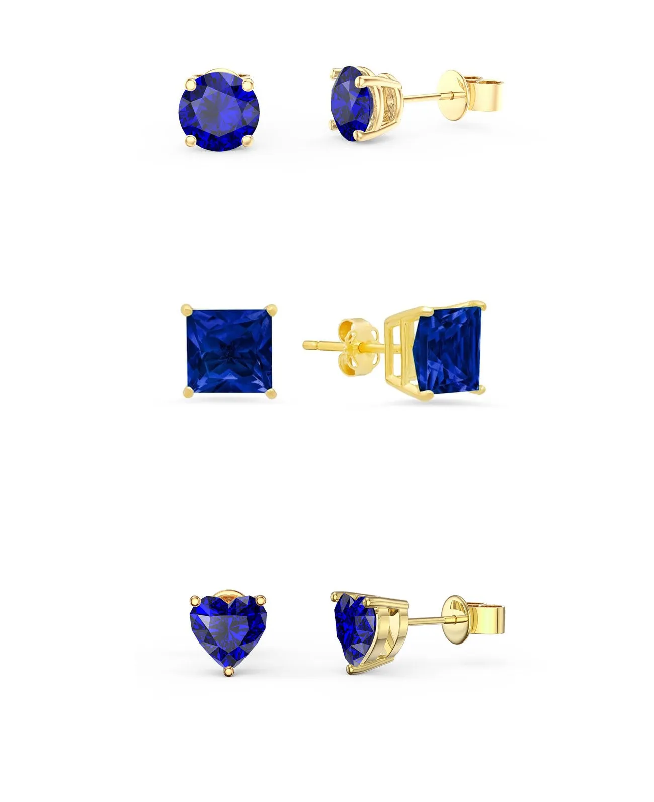 18k Yellow Gold Plated 6mm Created Blue Sapphire 3 Pair Round, Square and Heart Stud Earrings