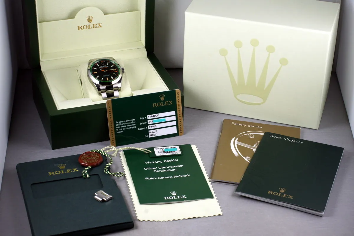 2014 Rolex Milgauss Green 116400V with Box and Papers