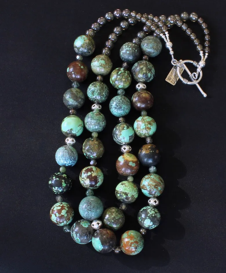 20mm Turquoise Rounds 2-Strand Necklace with Czech Druk Glass, Rutilated Quartz, Peridot Rounds, and Sterling Silver