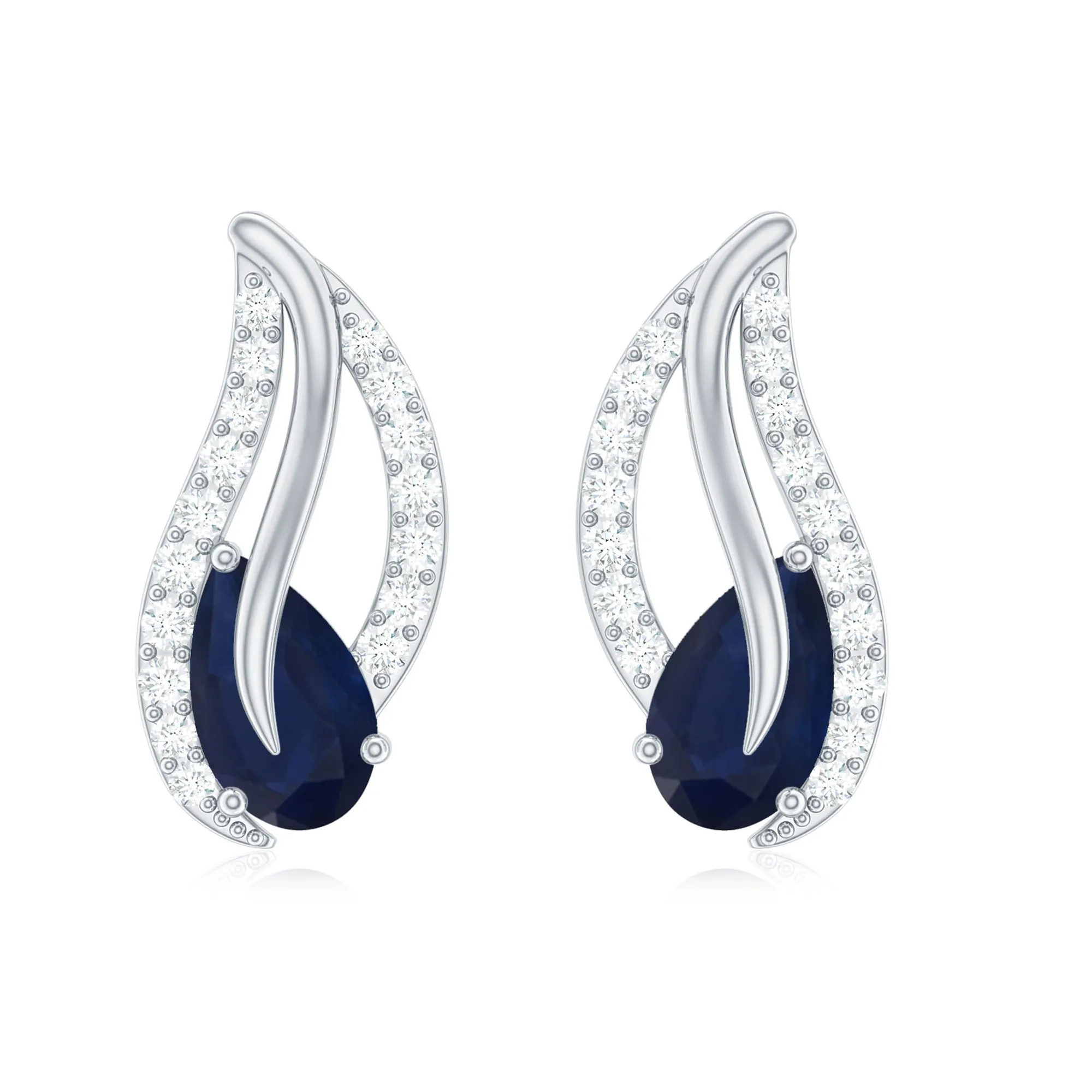 3/4 CT Blue Sapphire and Diamond Leaf Stud Earring