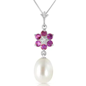 4.53 Carat 14K Solid White Gold Necklace Natural Pearl, Amethyst Diamond