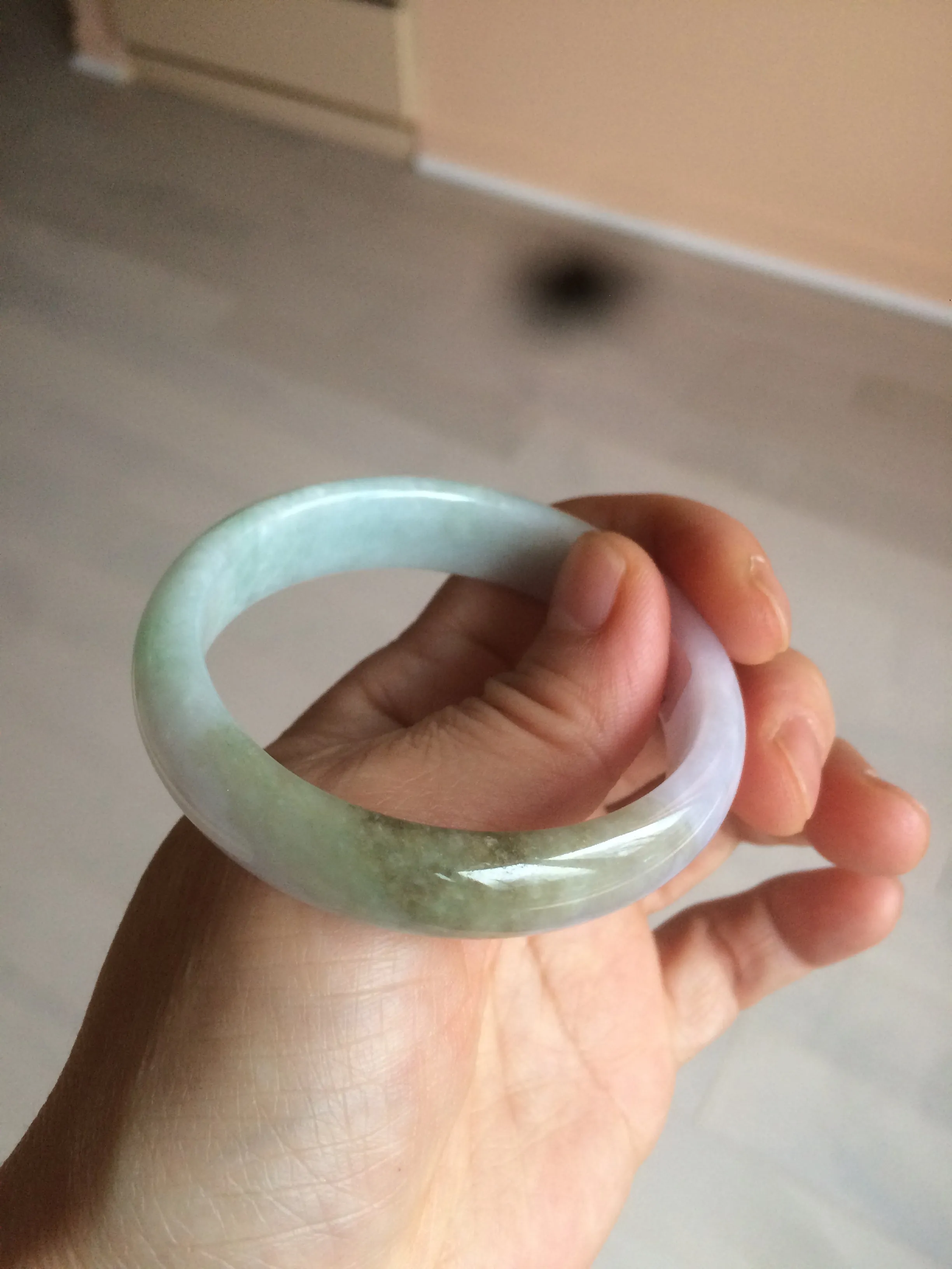 47.5mm Certified Type A 100% Natural light green/purple/brown (Fu Lu Shou) oval Jadeite Jade bangle AT57-4197