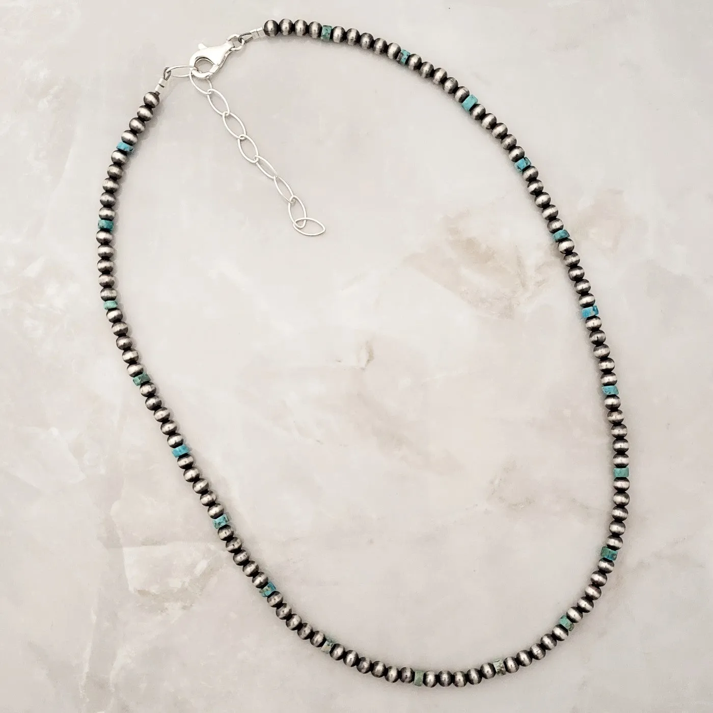 4mm Navajo Pearls & Turquoise Necklace Sterling Silver