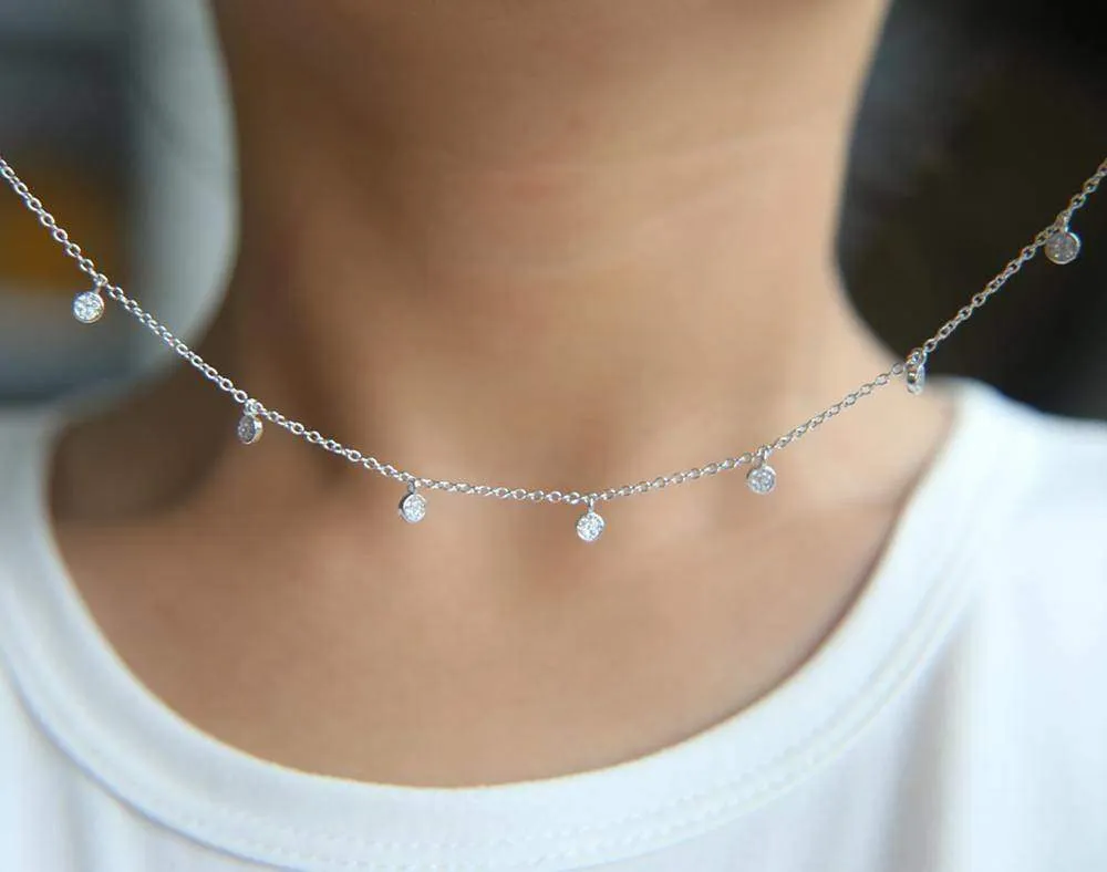 925 Sterling silver pave cz tiny cute drip drop choker necklace