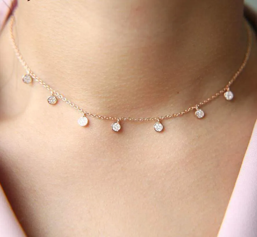 925 Sterling silver pave cz tiny cute drip drop choker necklace