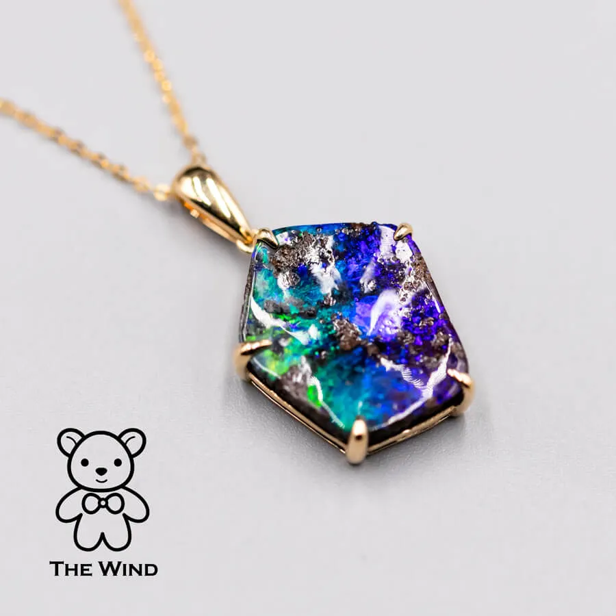 9.40 ct Minimalist Australian Boulder Opal Pendant Necklace 18K Yellow Gold