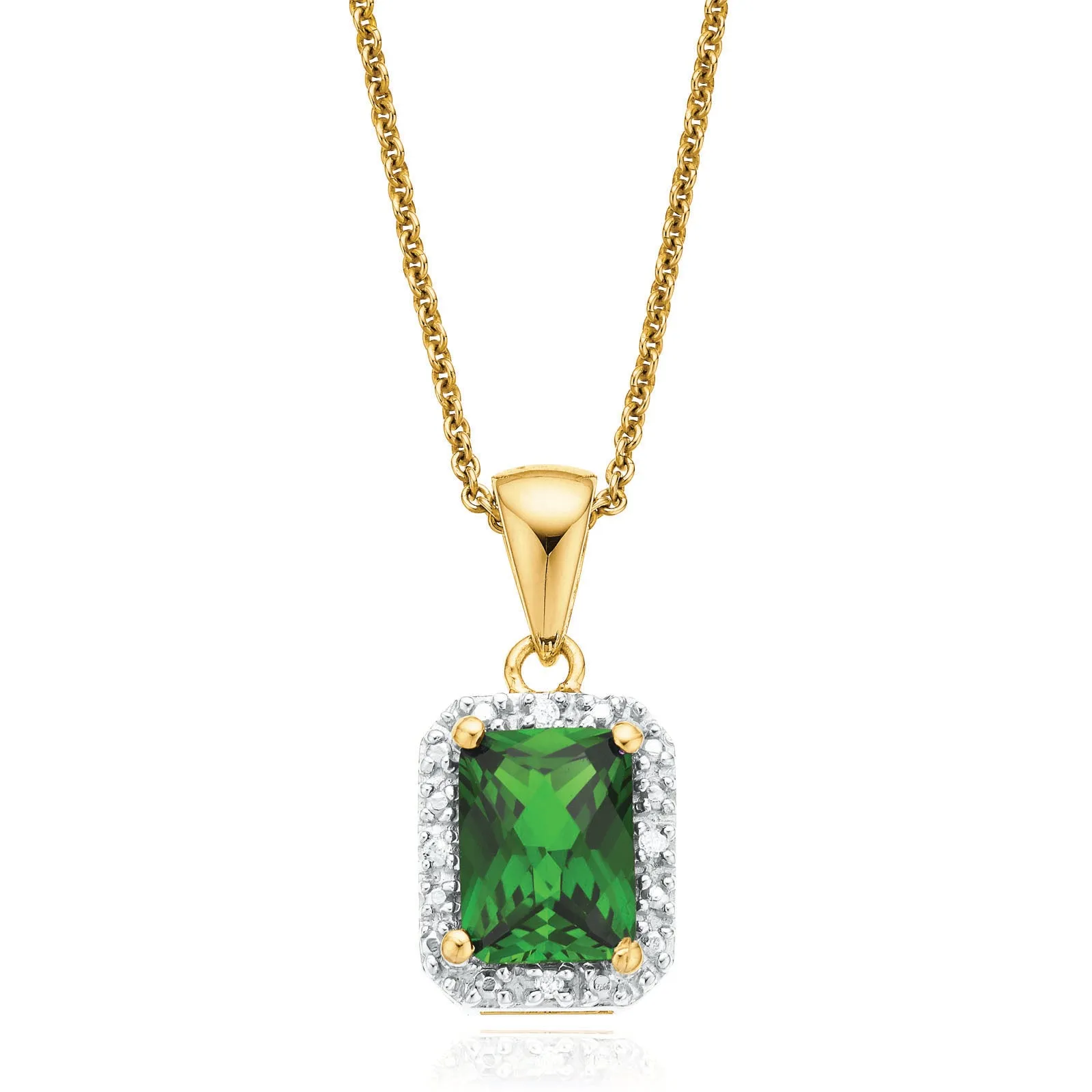 9ct Yellow Gold Emerald & Round Brilliant Cut Created Emerald & Diamond Set Pendant