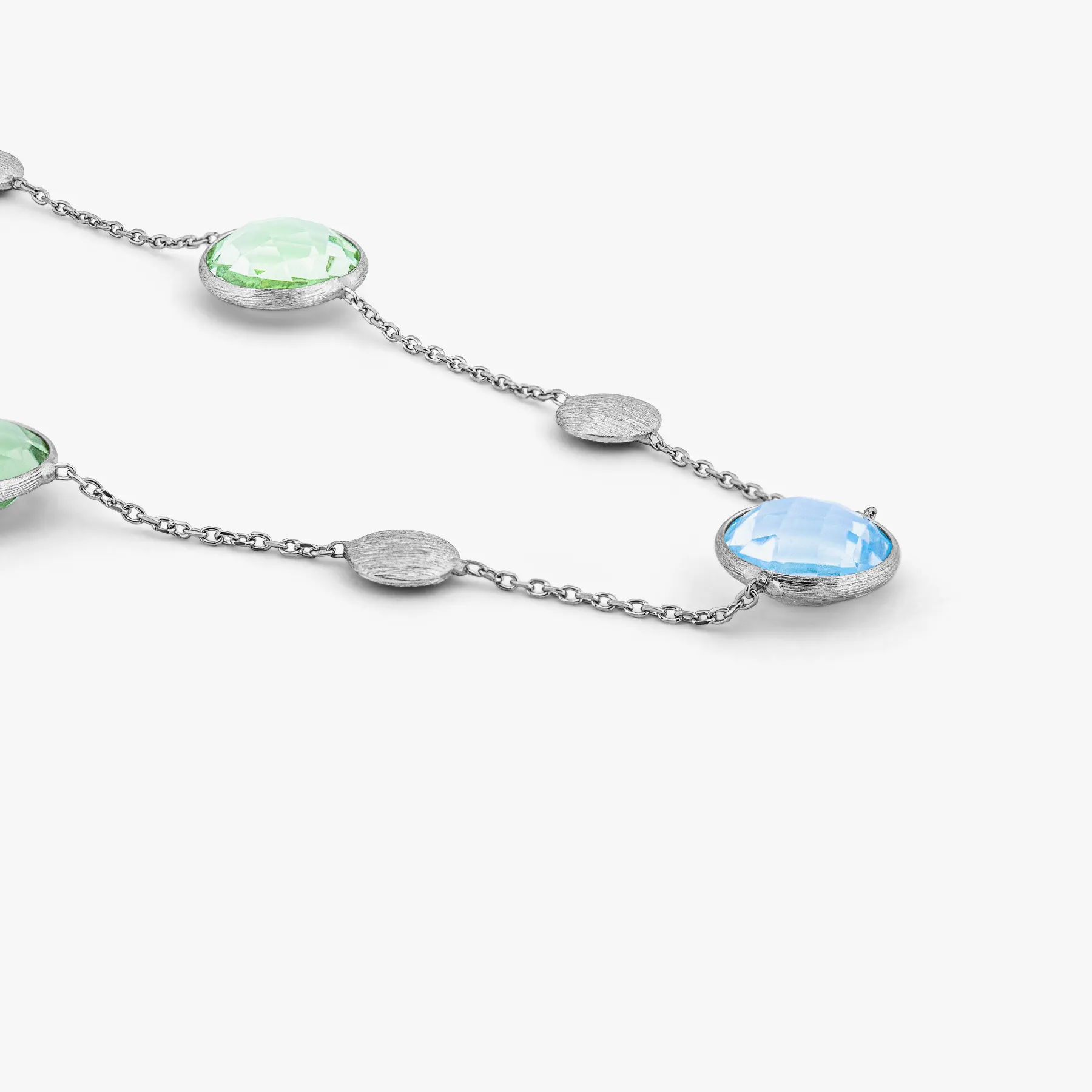 9K satin white gold Kensington chain necklace with topaz and green amethyst