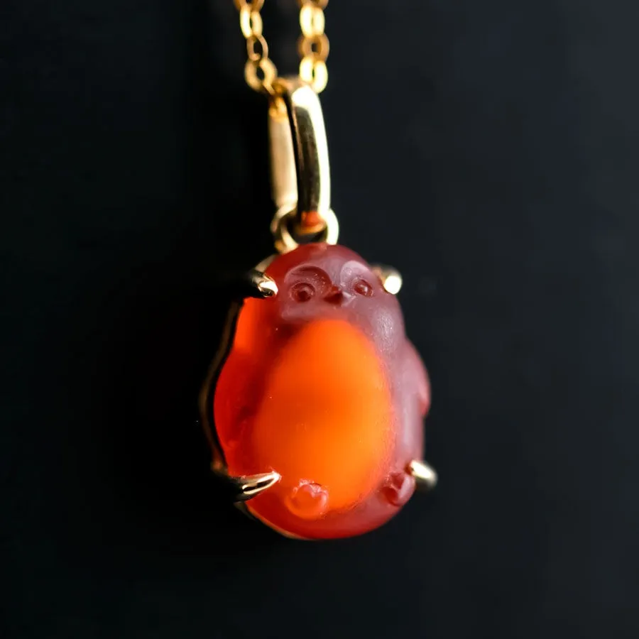 Adorable Handcarved Penguin Egg Fire Opal Pendant Necklace 18K Yellow Gold