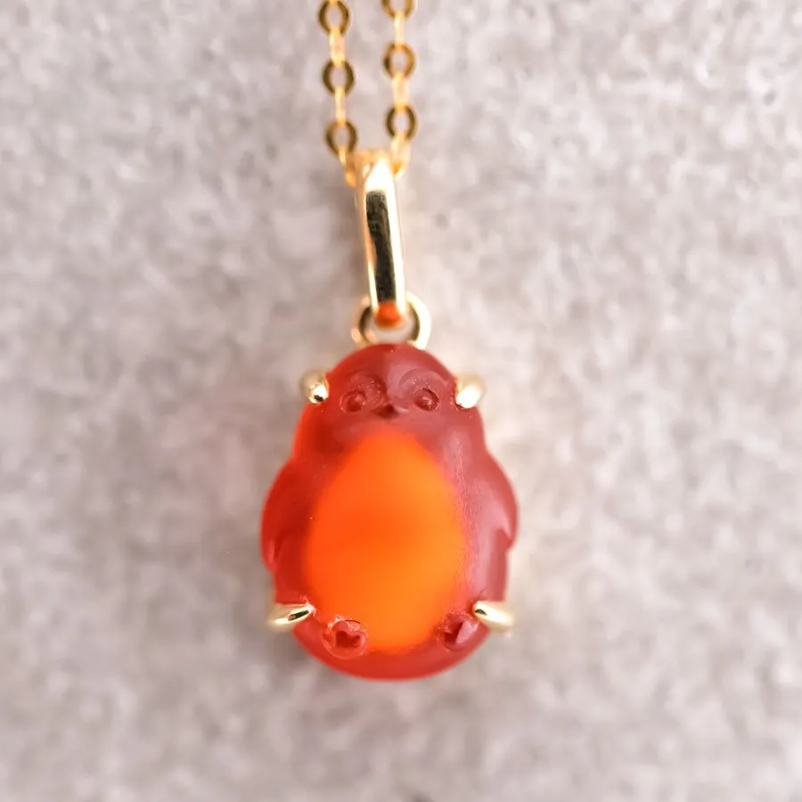 Adorable Handcarved Penguin Egg Fire Opal Pendant Necklace 18K Yellow Gold