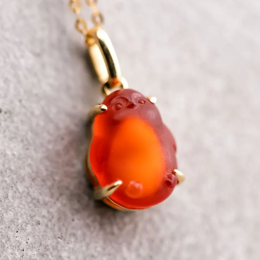 Adorable Handcarved Penguin Egg Fire Opal Pendant Necklace 18K Yellow Gold