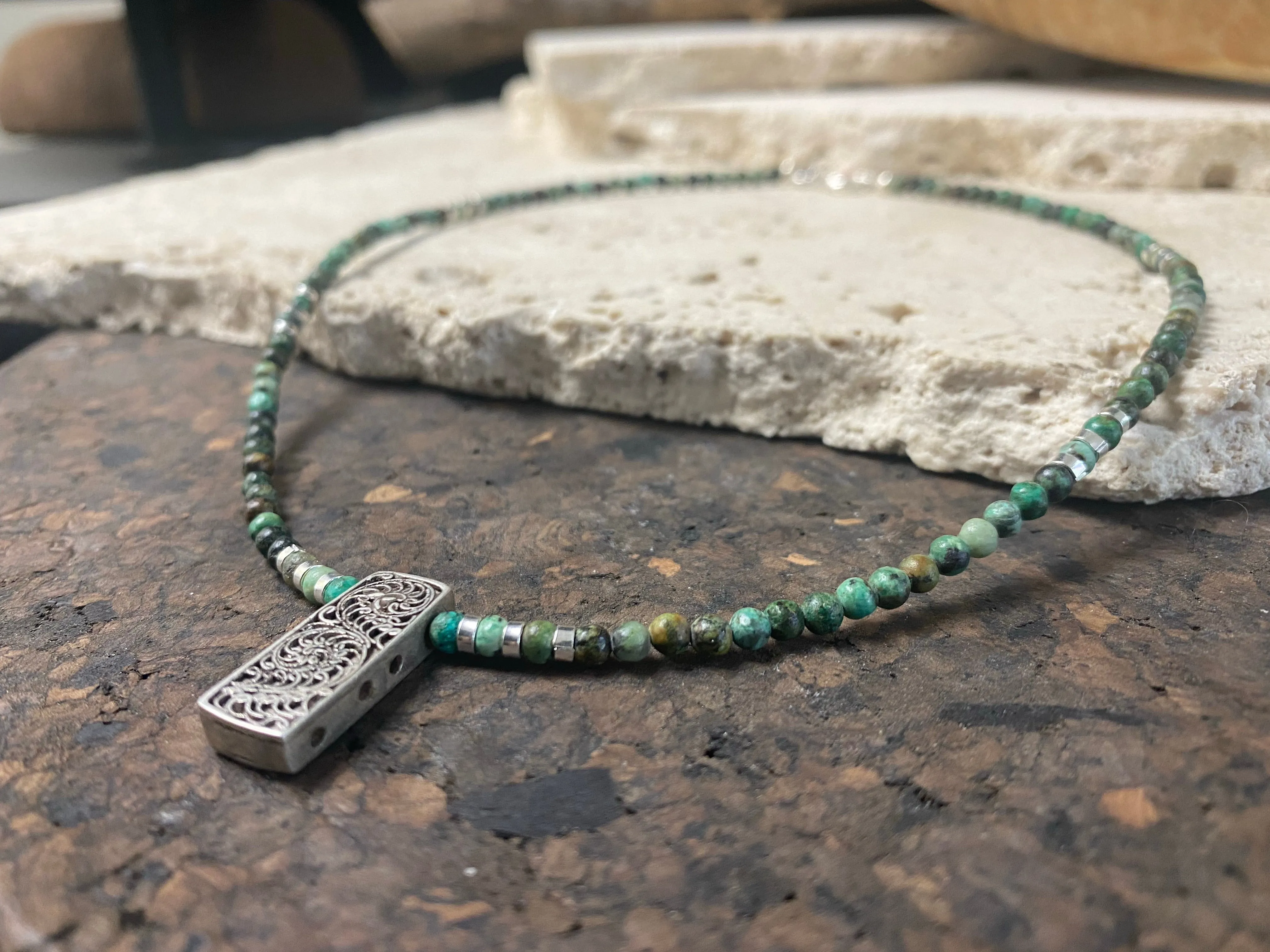 African Turquoise And Vintage Silver Pendant Necklace