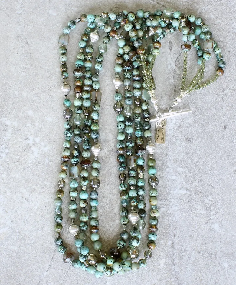 African Turquoise Rounds 4-Strand Necklace with Blended Czech Glass and Sterling Silver Beads & Toggle Clasp