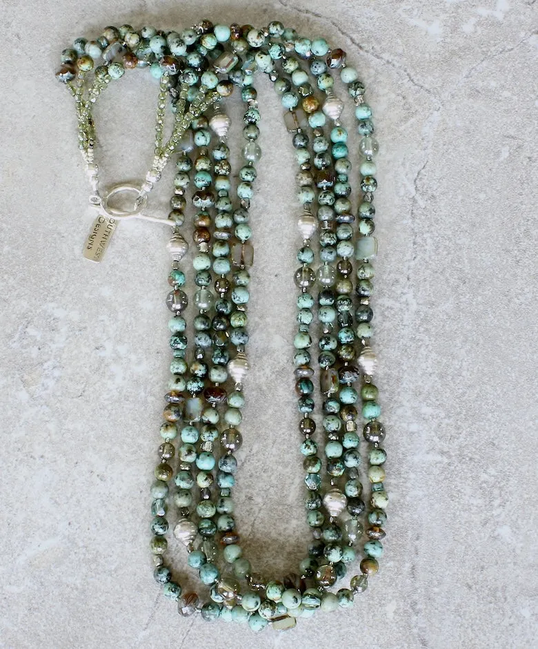 African Turquoise Rounds 4-Strand Necklace with Blended Czech Glass and Sterling Silver Beads & Toggle Clasp