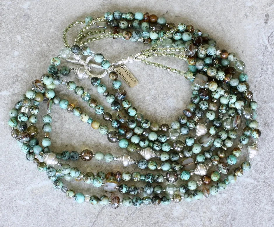 African Turquoise Rounds 4-Strand Necklace with Blended Czech Glass and Sterling Silver Beads & Toggle Clasp