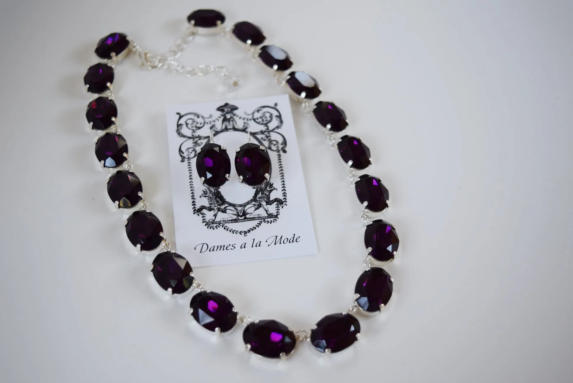 Amethyst Swarovski Crystal Collet Necklace - Large Oval