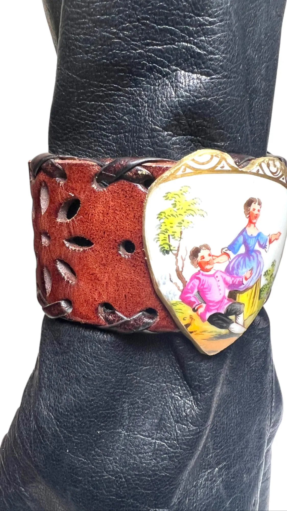 Antique 1850 Dresden Meissen By Helena Wolfsohn Broken China & Leather Cuff  Bracelet