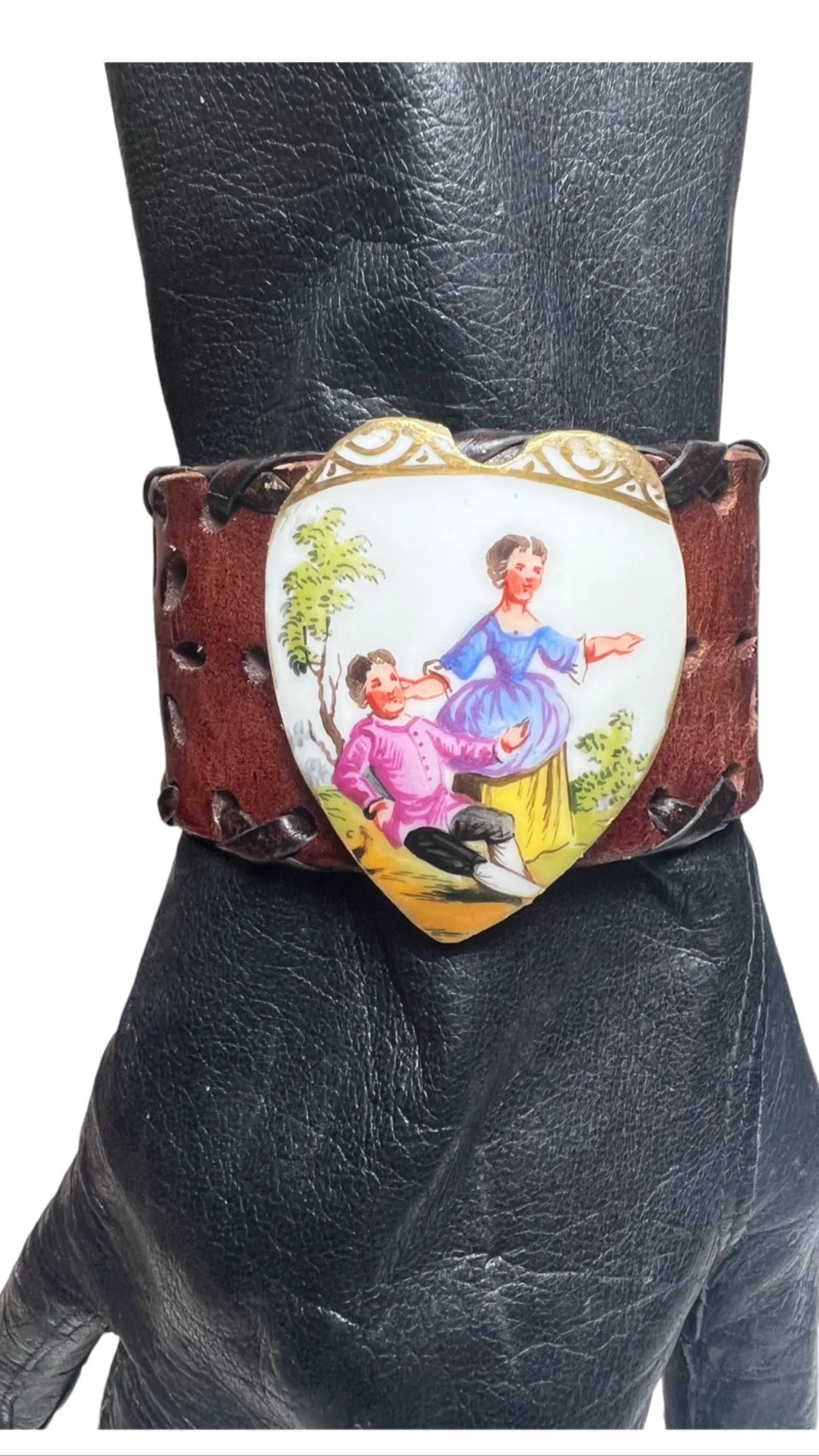 Antique 1850 Dresden Meissen By Helena Wolfsohn Broken China & Leather Cuff  Bracelet