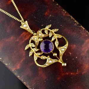 Antique Art Nouveau Gold Amethyst Lavaliere Necklace