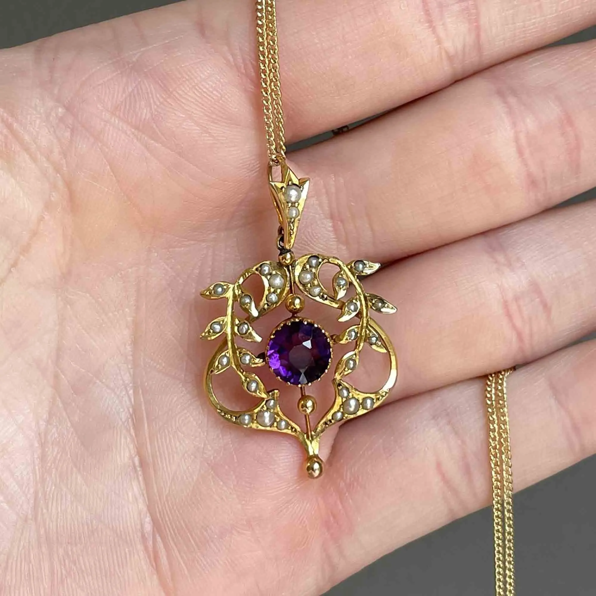 Antique Art Nouveau Gold Amethyst Lavaliere Necklace