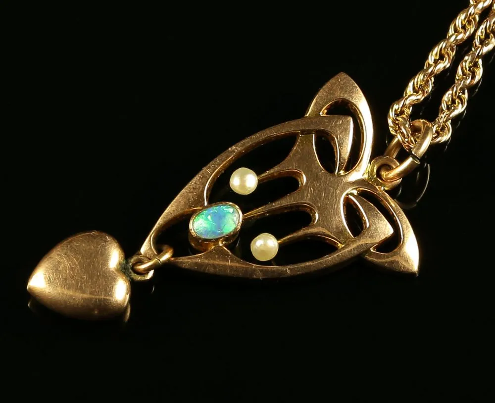 Antique Arts & Crafts Opal & Pearl Pendant & Chain  Gold