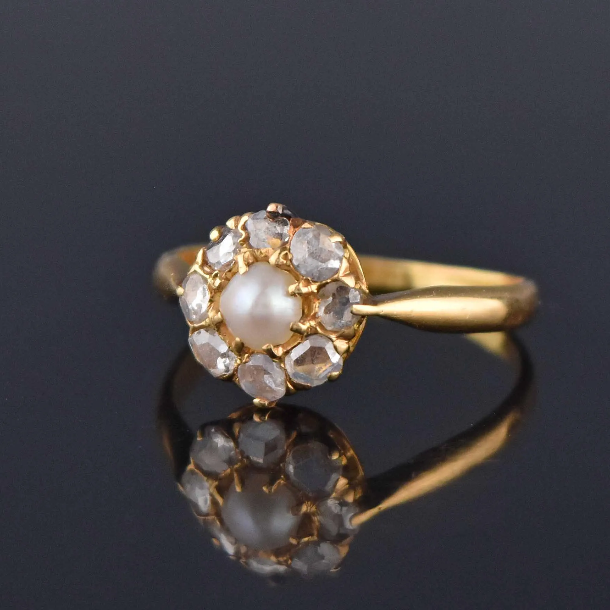 Antique Rose Cut Diamond Halo Pearl Ring in 18K Gold