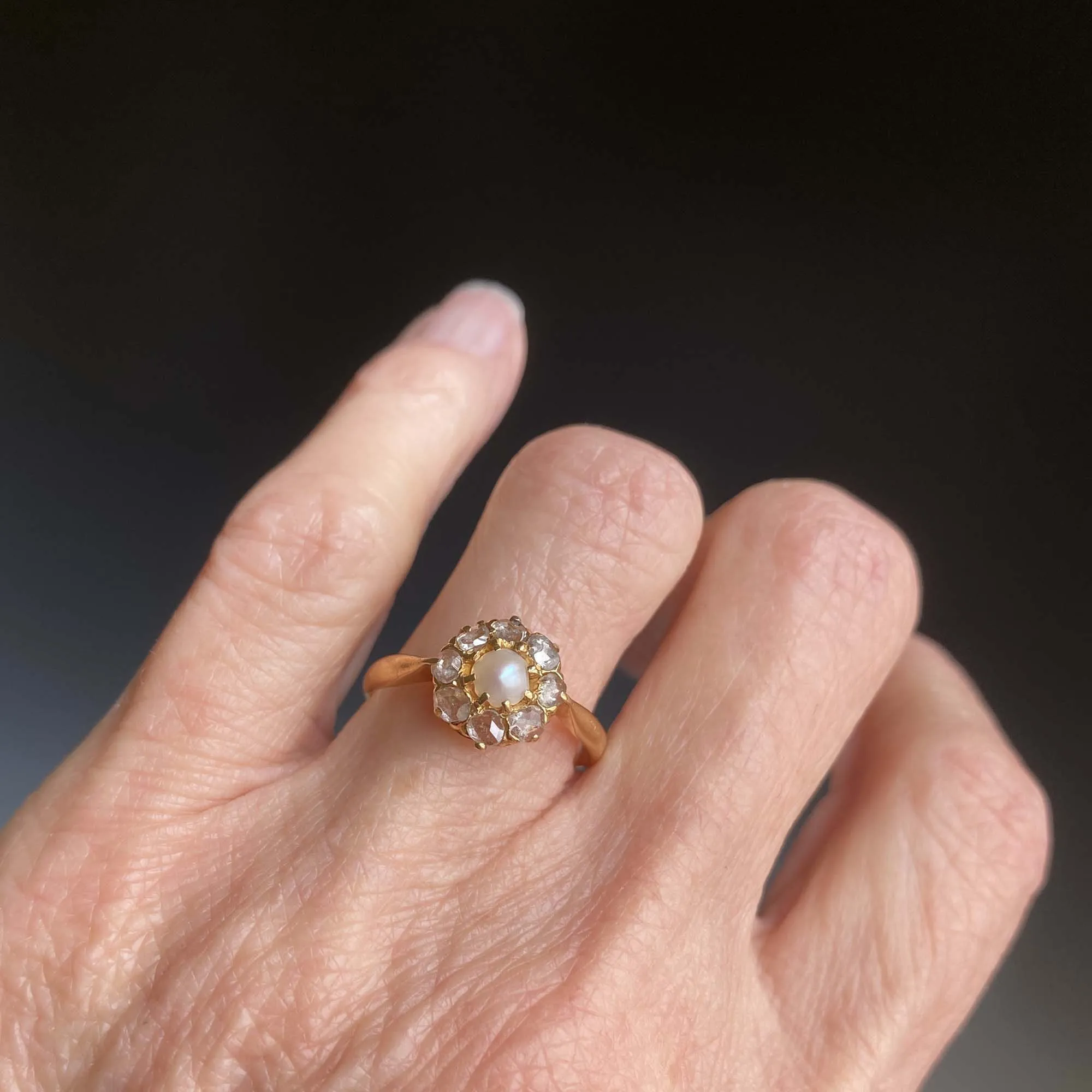 Antique Rose Cut Diamond Halo Pearl Ring in 18K Gold