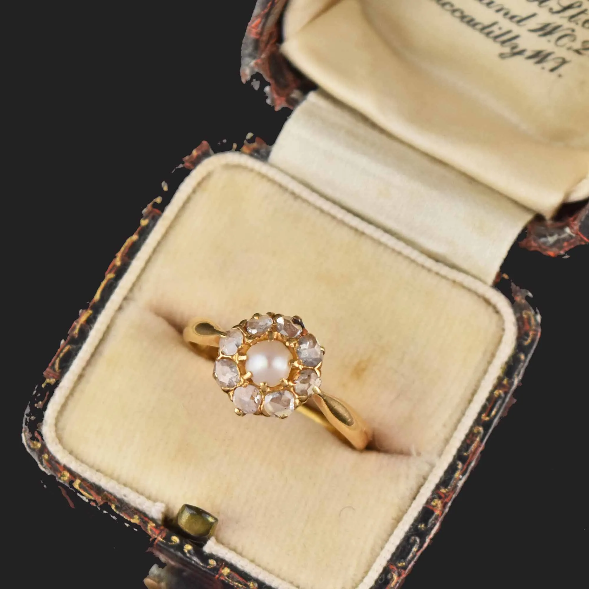 Antique Rose Cut Diamond Halo Pearl Ring in 18K Gold