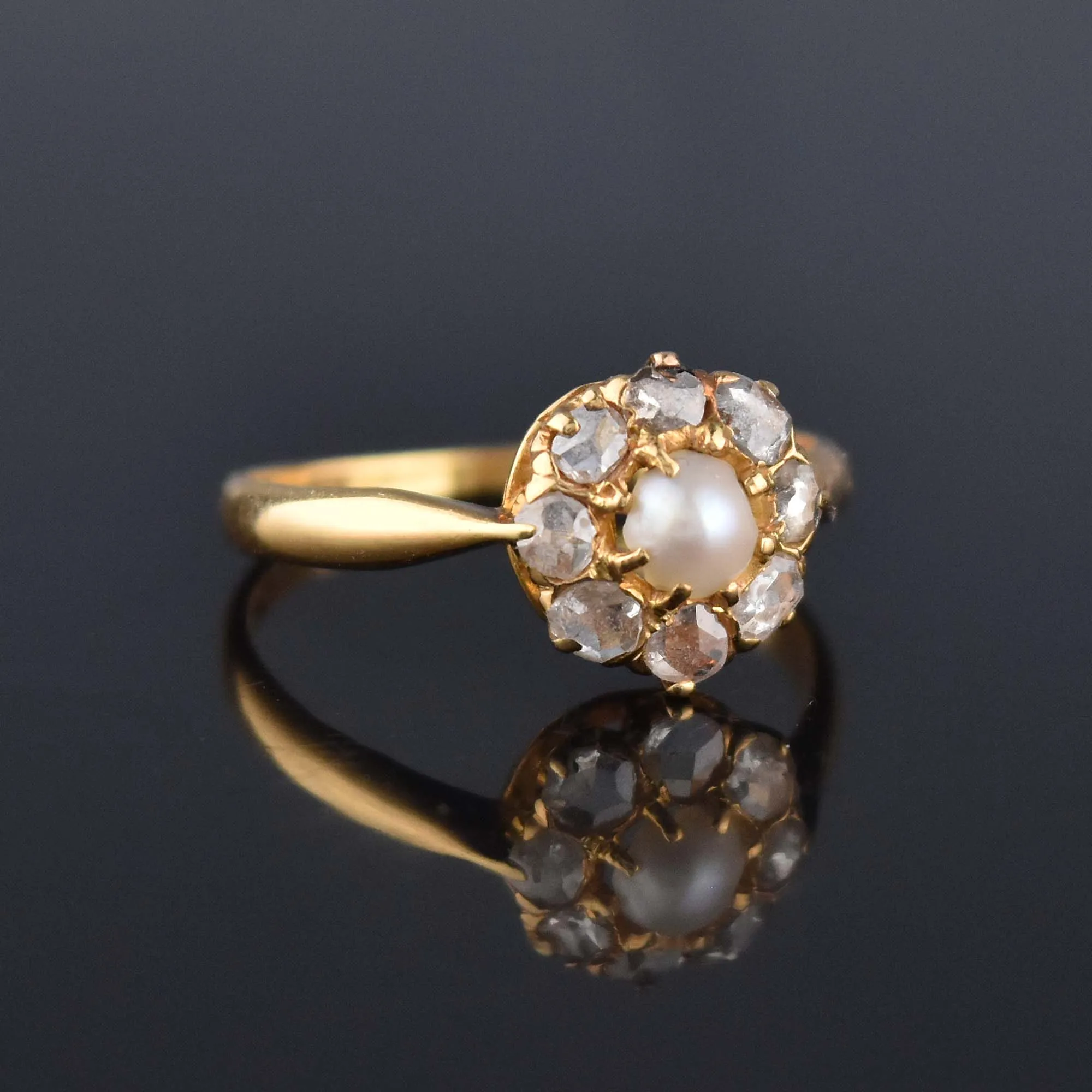 Antique Rose Cut Diamond Halo Pearl Ring in 18K Gold