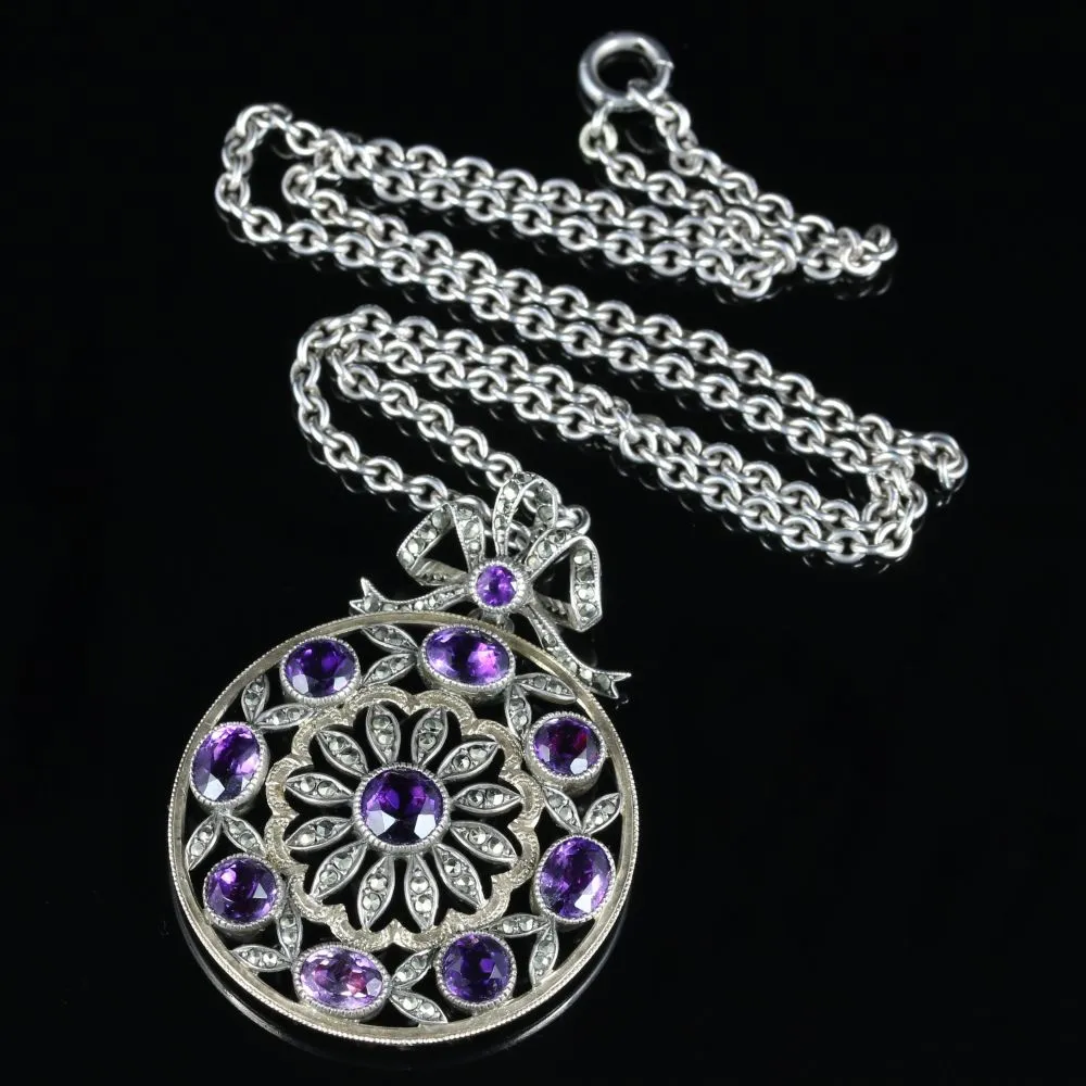 Antique Victorian Amethyst Marcasite Necklace French Silver Circa 1900