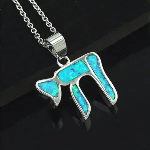 Artisan Opal Blue Chai Symbol ALIVE Enamel Pendant Necklace Jewish Hebrew for Women