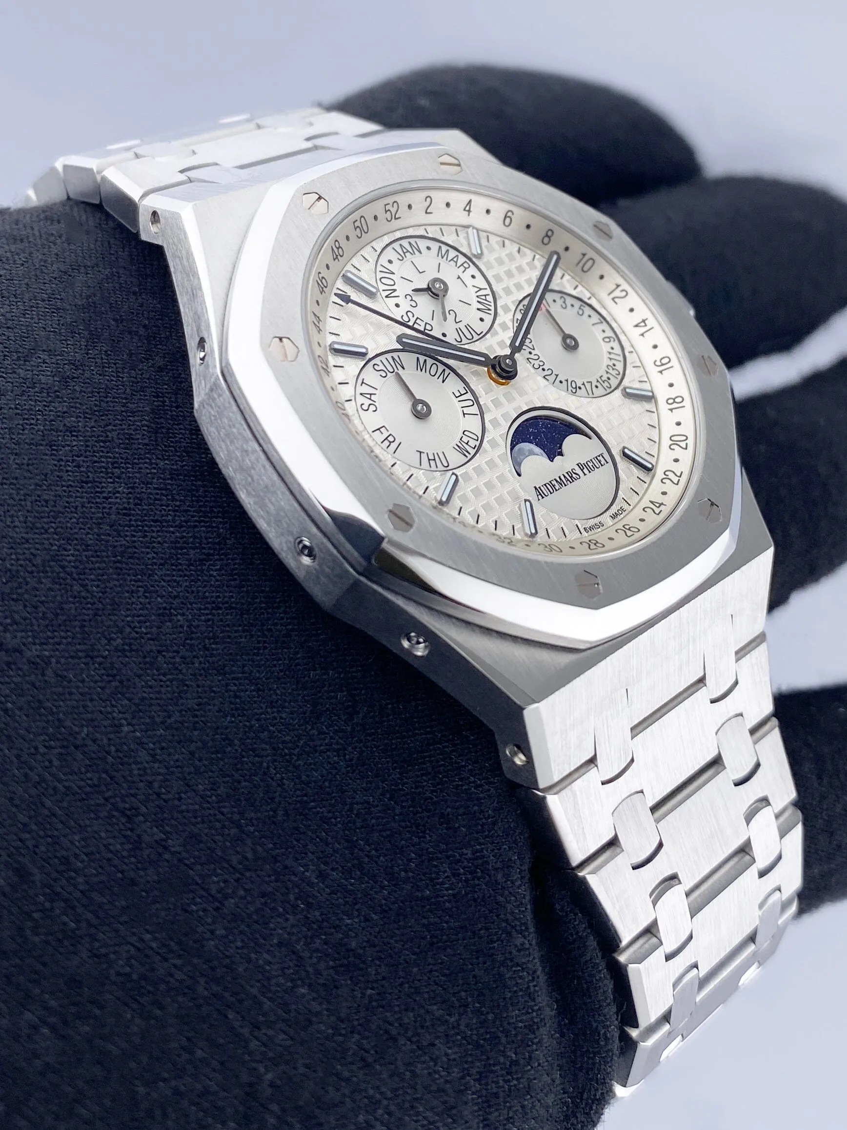 Audemars Piguet Royal Oak 26574ST White Dial Perpetual Calendar Mens Watch Box Papers