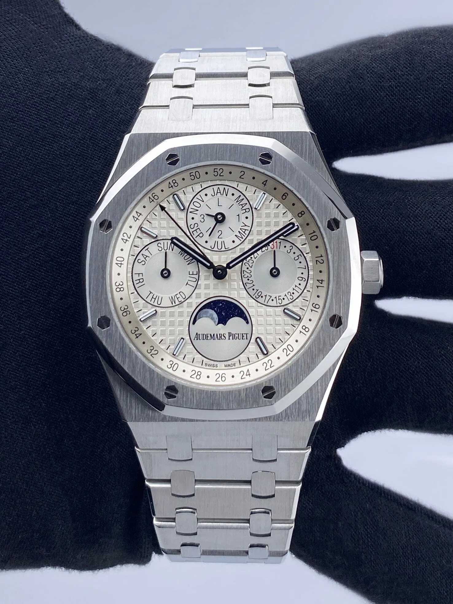 Audemars Piguet Royal Oak 26574ST White Dial Perpetual Calendar Mens Watch Box Papers