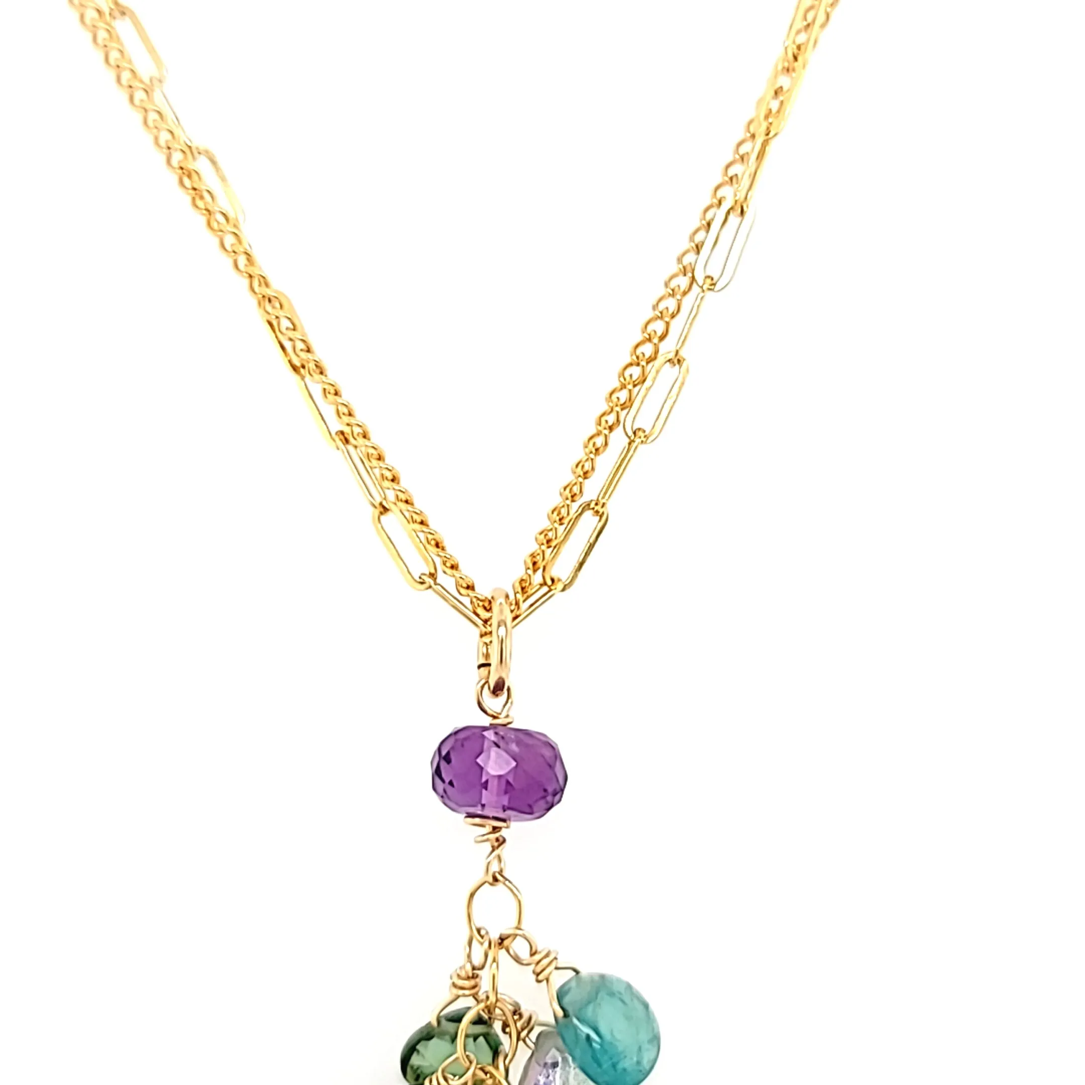 AVF Gold Amethyst, Grandidierite, Tourmaline, Kyanite, Topaz & Quartz Cluster Double Chain Necklace (SI3713)