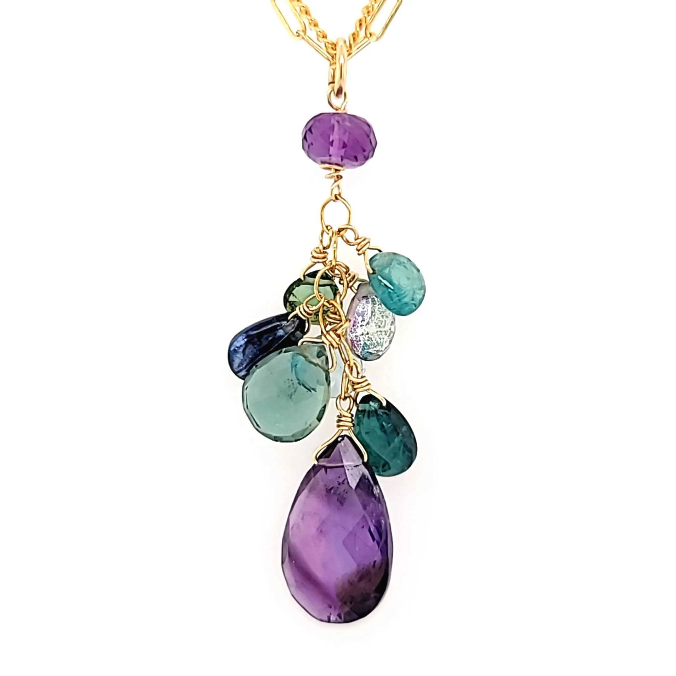 AVF Gold Amethyst, Grandidierite, Tourmaline, Kyanite, Topaz & Quartz Cluster Double Chain Necklace (SI3713)